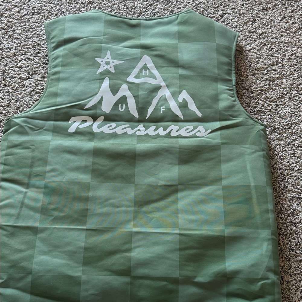 HUF Men’s NWOT Pleasures Midland Olive Green Checkered Streetwear Quilted Vest - Picture 9 of 13